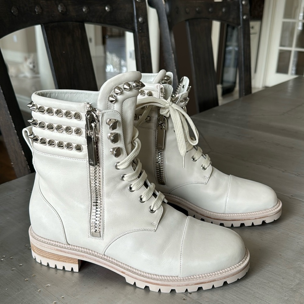 Christian Louboutin winter spikes calf flat boot bootie spike combat moto sz 40